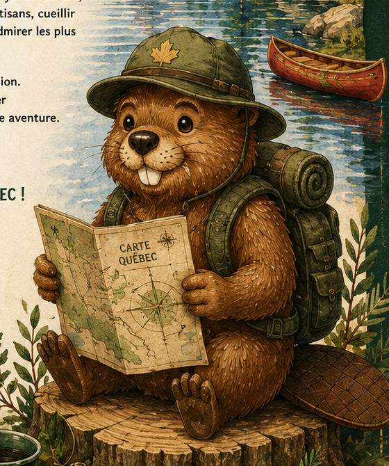 Barnabé, un castor explorateur, tient une carte du Québec.